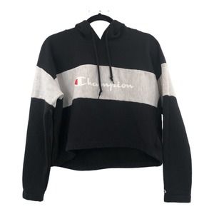 Champion Reverse Weave Crop Hoodie Color-Block Womens Medium Black Gray